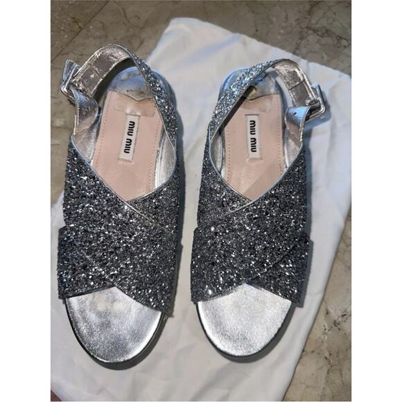 Miu Miu Silver Glitter Women's platform Sandals - Picture 2 of 5